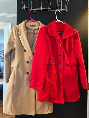 SHEIN Red and Tan Button-Front Trench Coats